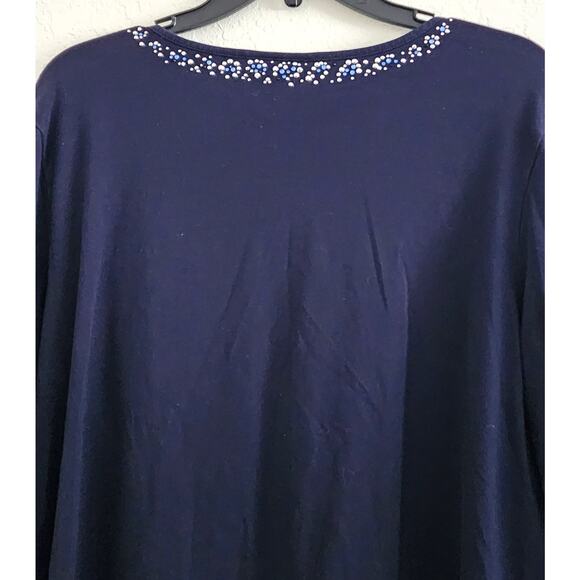 TOP/BLOUSE-QUACKER FACTORY-Navy Blue-V-Neck-Rhinestones-Studs-3/4 Sleeve-XL - Picture 3 of 14